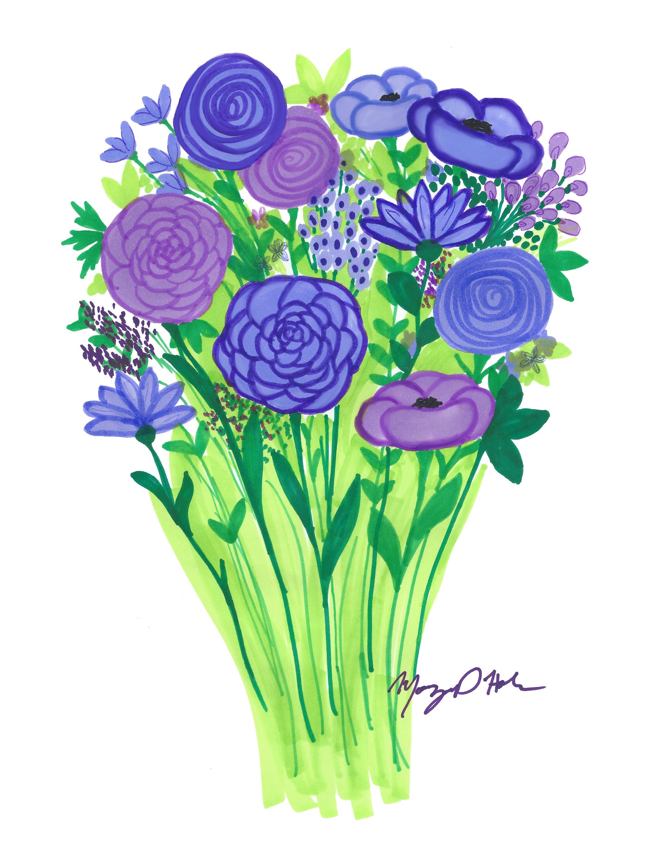 Purple Flower Bouquet Art Printable Digital Download Wall Art Etsy