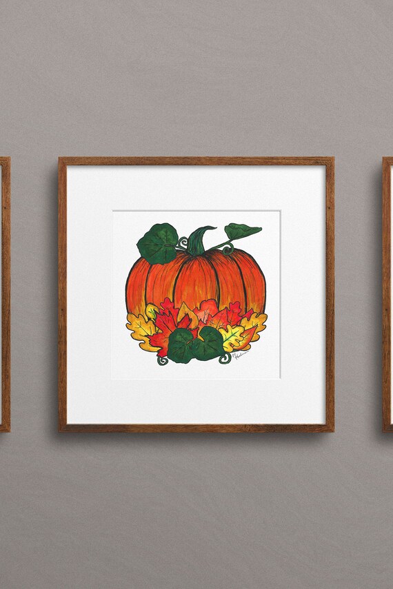 Fall Pumpkin Digital Download Art Printable Wall Art Home Decor Pumpkin Leaves Orange Red Yellow Autumn Thanksgiving Halloween Drawing