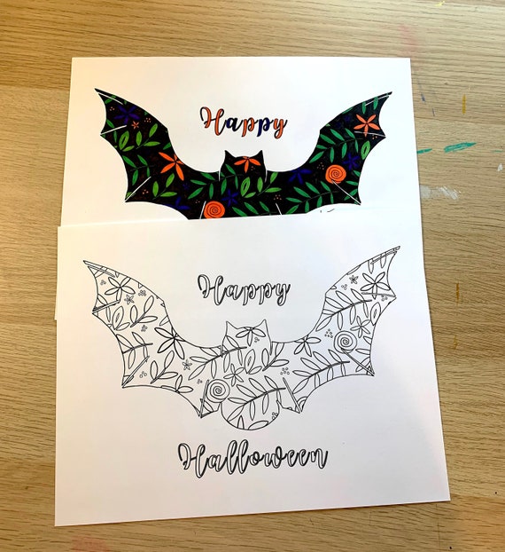Coloring Page Digital Download Printable, Halloween Bat Floral Pattern