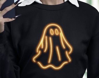 Neon Ghost Halloween T-Shirt, sweatshirt or hoodie | Orange Neon Glow Ghost Outline | Black | Men Women Children | Sizes Small to XXXL