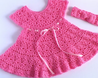 Crochet Baby Dress Set, Spanish Style Dress and Headband, Baby Dress Set, Lime or Hot Pink Colors, Size 18-24 Months
