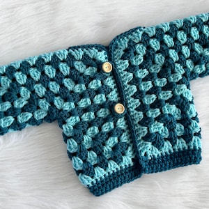 Crochet Baby Boy Cardigan Sweater, Handmade Granny Square Stitch, Size 9-12 Months