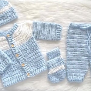 Crochet Baby Boy Sweater Gift Set: Handmade Star Stitch 4-piece Cardigan, Hat, Booties, pants