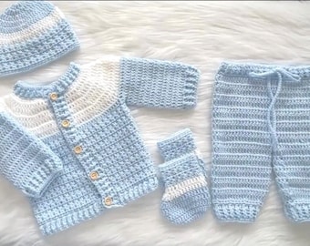 Crochet Baby Boy Sweater Gift Set, Handmade Baby Cardigan 4-piece Set, Infant Handmade Star Stitch Design, Baby Gift Set, NB to 9 months