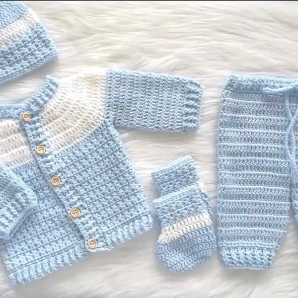 Crochet Baby Boy Sweater Gift Set, Handmade Baby Cardigan 4-piece Set, Infant Handmade Star Stitch Design, Baby Gift Set, NB to 9 months