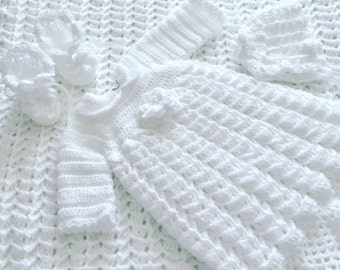 Crochet Baptism Christening Set, 3-piece  Baby Blessing Set, Size 3-6M, Handmade Crochet Gown, Bonnet, and Booties