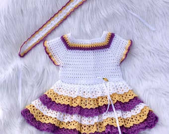 Crochet Cotton Dress Set, Spanish Style Cotton Baby Dress and Headband, Fiesta Baby Dress, Size 3-6 Months