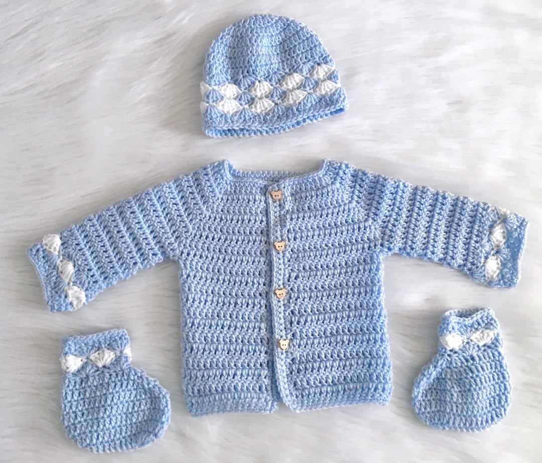 Baby Boy Crochet Sweater Set, Infant Handmade Baby Cardigan Outfit