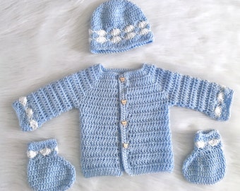 Handmade Crochet Baby Boy Sweater Set: Shell Stitch Cardigan Outfit