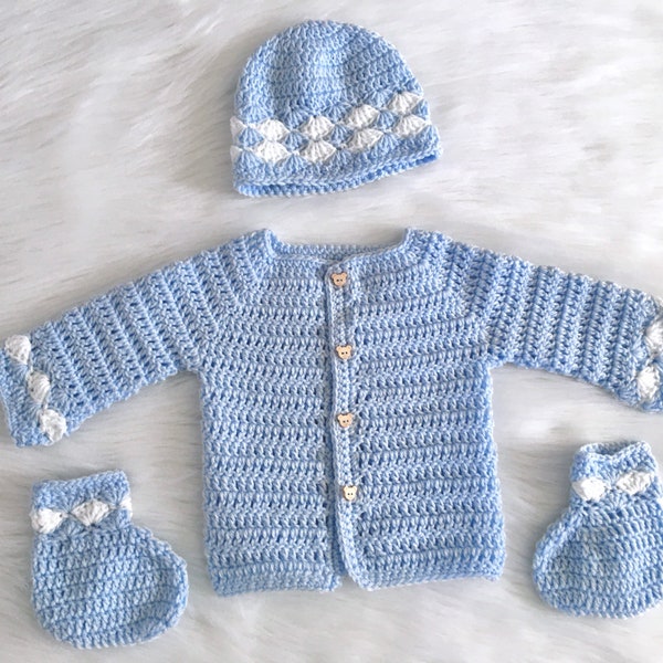 Baby Boy Crochet Sweater Set, Infant Handmade Baby Cardigan Outfit, Crochet Shell Stitch Design, Baby Shower Gift, Size NB and 0-3 Months