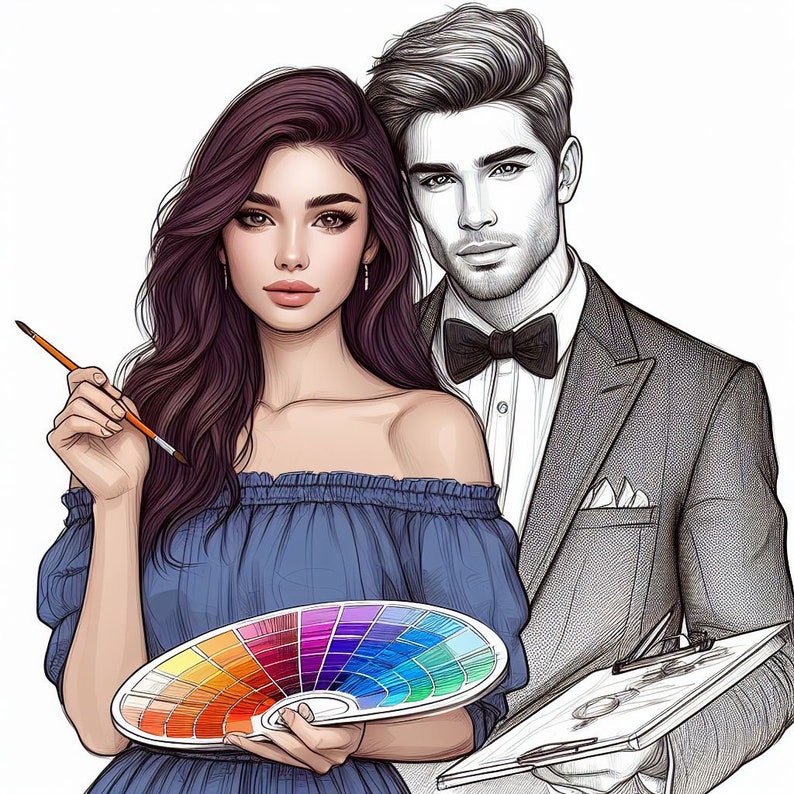 May include: A woman with long dark hair holds a paintbrush and a color wheel. A man with short dark hair stands behind her, wearing a suit and bow tie. He holds a clipboard with a drawing on it.