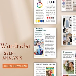 Può includere: Un download digitale intitolato "Wardrobe Self-Analysis" con il testo "Digital Download" in un rettangolo arancione. L'immagine include pagine con teoria dei colori, analisi dello stile e fasi di pianificazione del guardaroba.