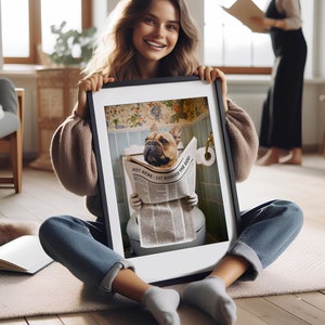 Funny Pet Portrait: Custom Dog Reading Newspaper in Toilet (Digital File)