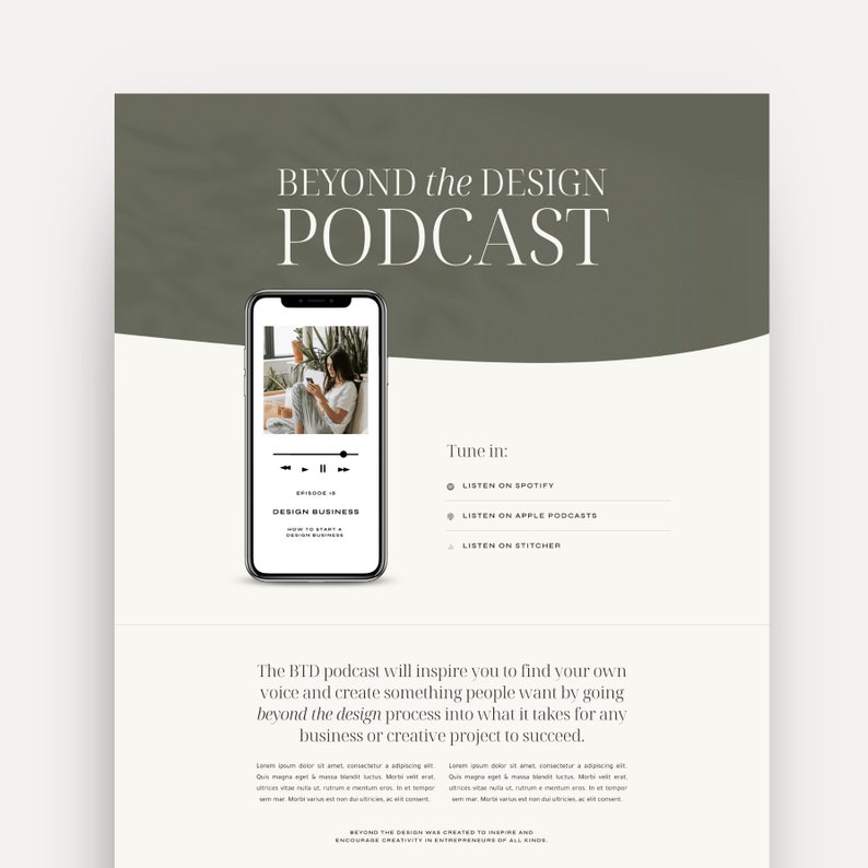 Mockup of the 'Moss' WordPress theme designed on the Kadence theme, showcasing a clean and modern design for creative entrepreneurs, designers, small businesses, personal brands, and podcasts