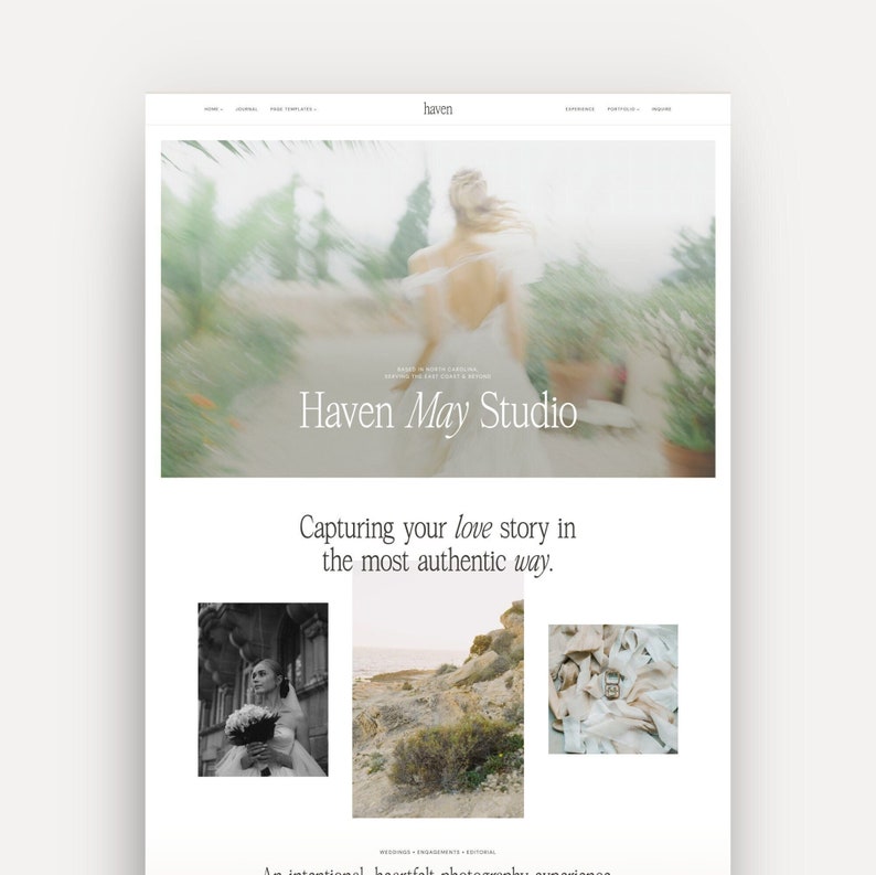 Haven WordPress Theme for Photographers, Event Planners. Portfolio and Galleries to Highlight Photos and Projects. Made for Wedding, Portrait, Engagement, Editorial Photography. Minimalist, Neutral Color Palette and Timeless Typography