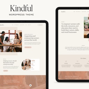 Mockup of the 'Kindful' WordPress theme designed on the Kadence theme, featuring a feminine design, made for non-profits