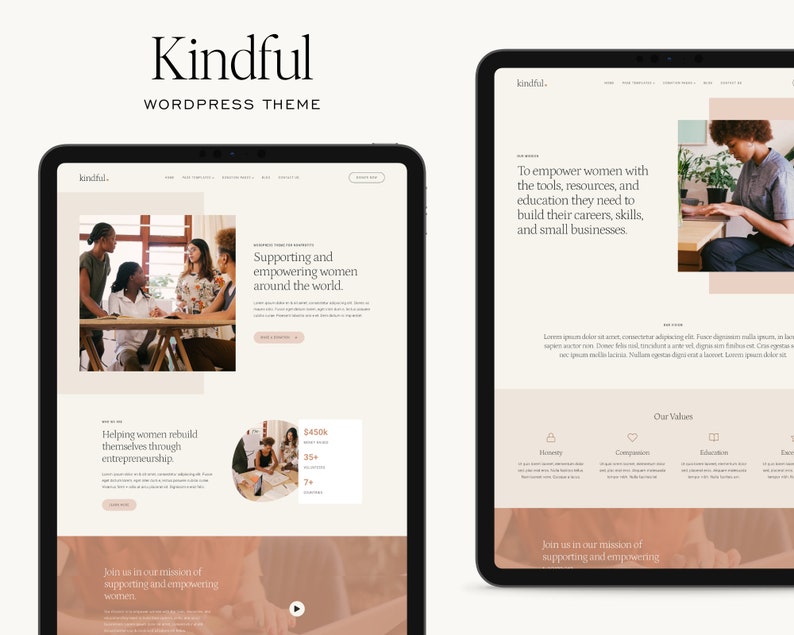 Mockup of the 'Kindful' WordPress theme designed on the Kadence theme, featuring a feminine design, made for non-profits