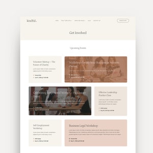 Mockup of the 'Kindful' WordPress theme designed on the Kadence theme, featuring a feminine design, made for non-profits | Events page