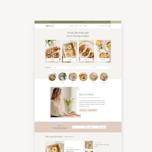 Olive WordPress theme for food blogs showcasing recipes and blog categories featuring a warm and welcoming design with modern typography.