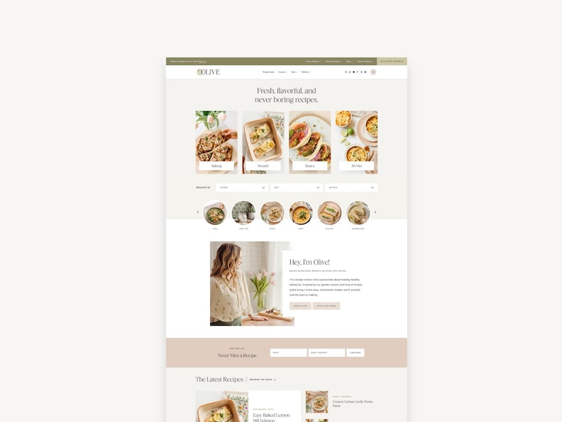 Olive WordPress theme for food blogs showcasing recipes and blog categories featuring a warm and welcoming design with modern typography.