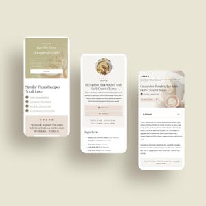 3 responsive mobile mockups of the Olive WordPress theme for food bloggers, showcasing the single blog post, recipe card, and recipe snippets.