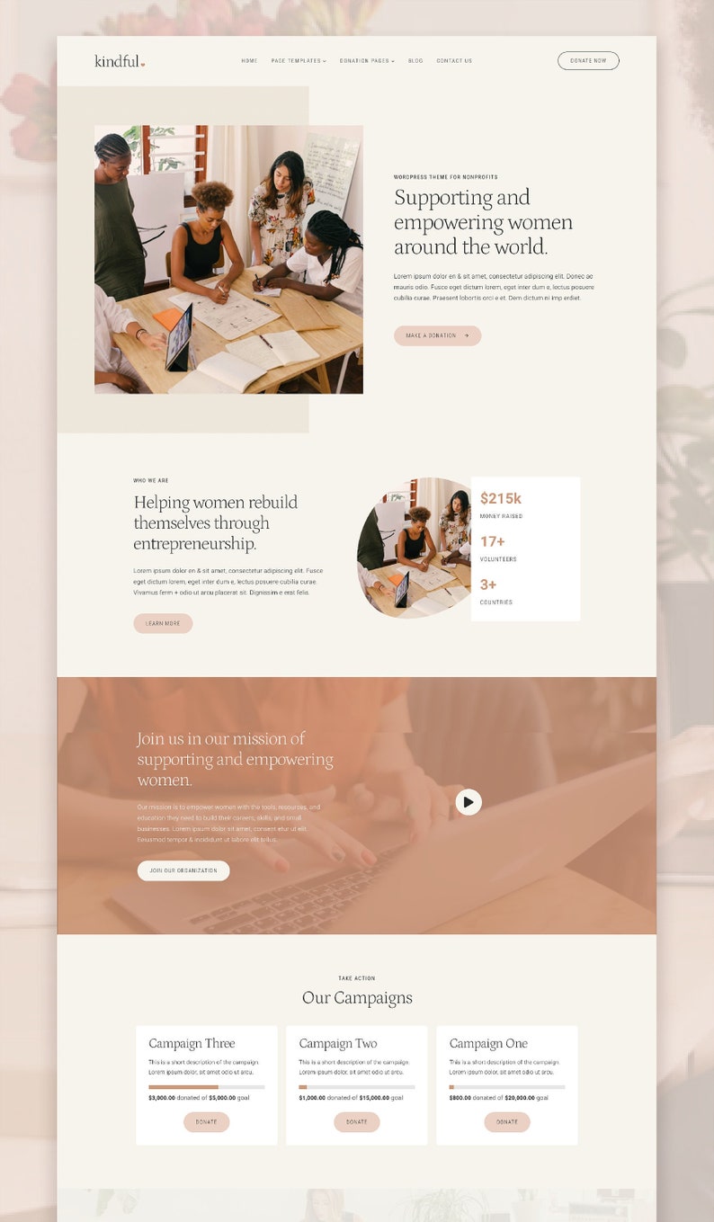 Mockup of the 'Kindful' WordPress theme designed on the Kadence theme, featuring a feminine design, made for non-profits and donation websites
