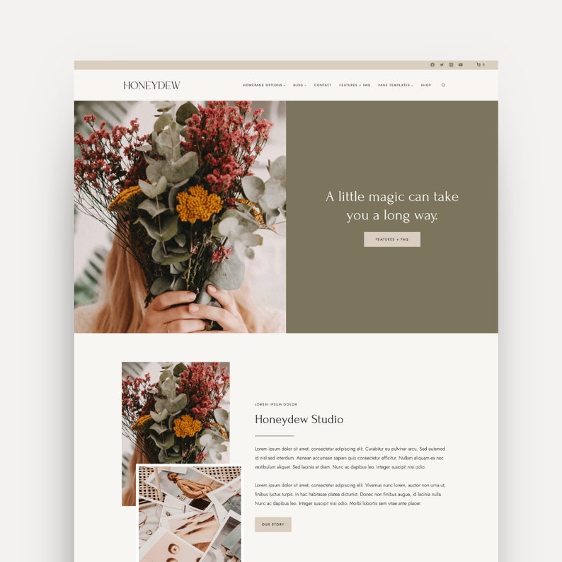 Mockup of the Honeydew WordPress theme designed on the Kadence theme that is perfect for bloggers, photographers, and creatives, showcasing a beautiful gallery and portfolio to display their work and creativity