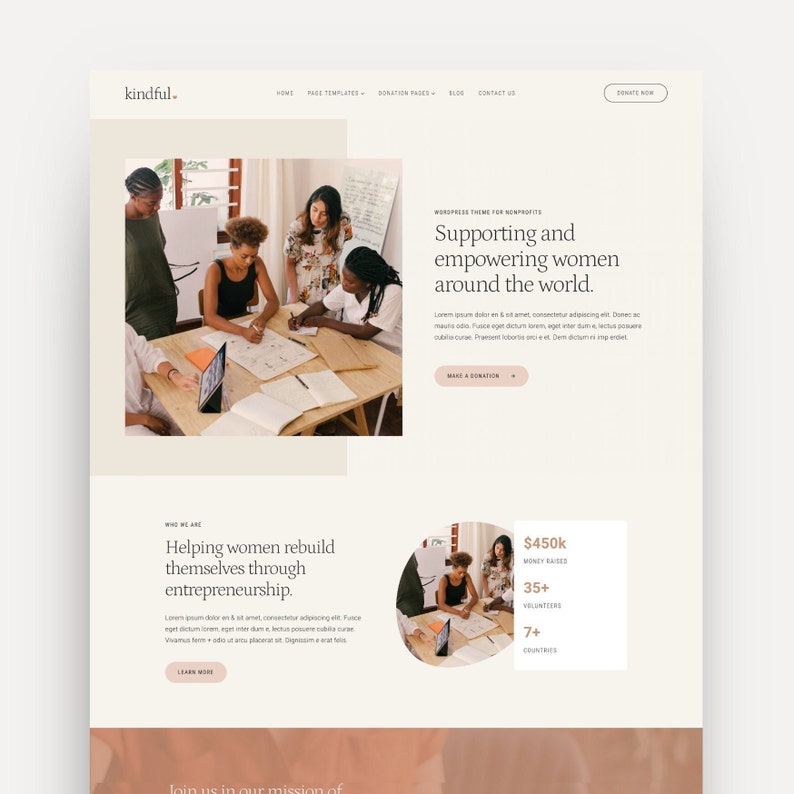Mockup of the 'Kindful' WordPress theme designed on the Kadence theme, featuring a feminine design, made for non-profits and donations