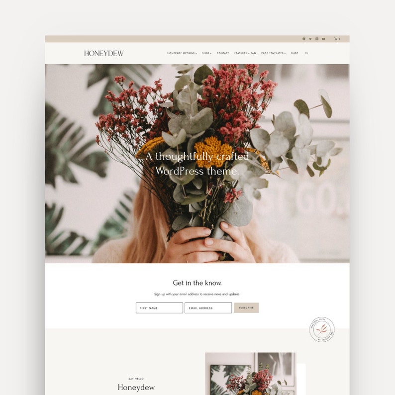 Mockup of the Honeydew WordPress theme designed on the Kadence theme that is perfect for bloggers, photographers, and creatives, showcasing a beautiful gallery and portfolio to display their work and creativity