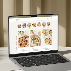 Responsive mockup of the Olive WordPress theme for food blogs, showcasing homepage option 3.