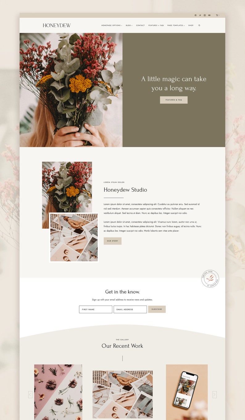 Mockup of the Honeydew WordPress theme designed on the Kadence theme that is perfect for bloggers, photographers, and creatives, showcasing a beautiful gallery and portfolio to display their work and creativity