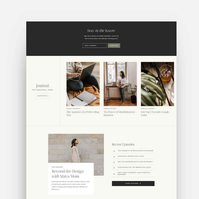 Mockup of the 'Moss' WordPress theme designed on the Kadence theme, showcasing a clean and modern design for creative entrepreneurs, designers, small businesses, personal brands, and podcasts