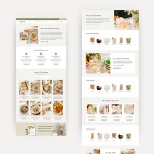 Olive WordPress theme for food bloggers mockup, showcasing the Shop My Favorites and Start Here pages.