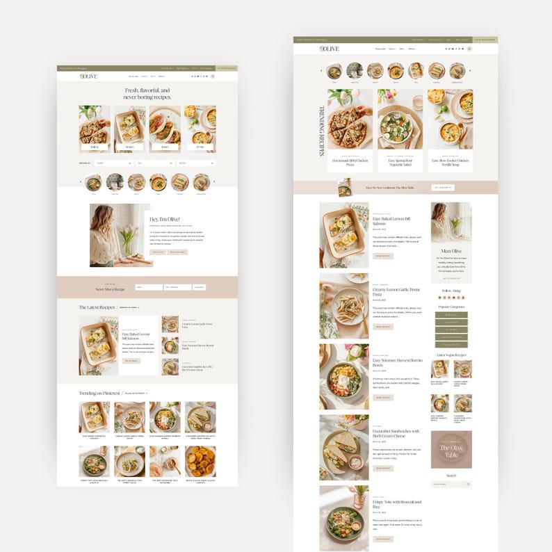 Olive WordPress theme for food bloggers mockup, showcasing the sections and homepages one and two.