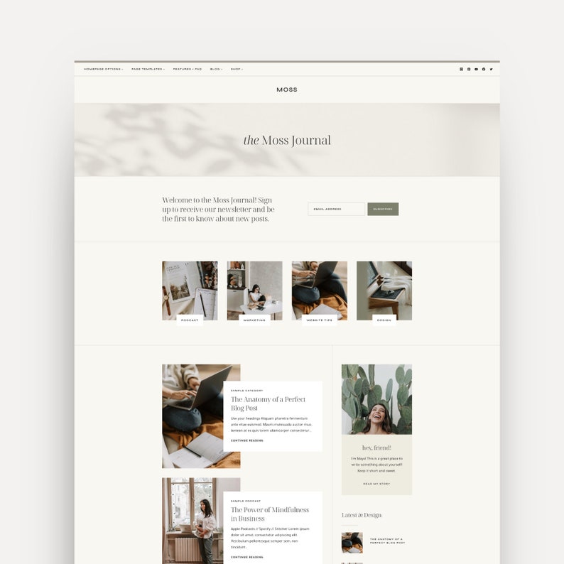 Mockup of the 'Moss' WordPress theme designed on the Kadence theme, showcasing a clean and modern design for creative entrepreneurs, designers, small businesses, personal brands, and podcasts