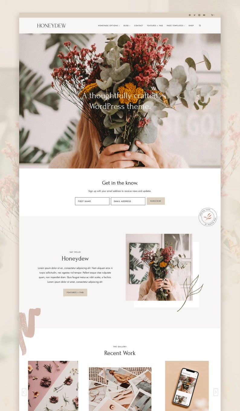 Mockup of the Honeydew WordPress theme designed on the Kadence theme that is perfect for bloggers, photographers, and creatives, showcasing a beautiful gallery and portfolio to display their work and creativity