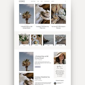 May include: A website design with a clean, minimalist aesthetic. The top section features three images with text overlays: "A Weekend Stay at Old Orchard Beach," "Curating a Wardrobe You Truly Love," and "My Favorite Coffee Stops in Florence."