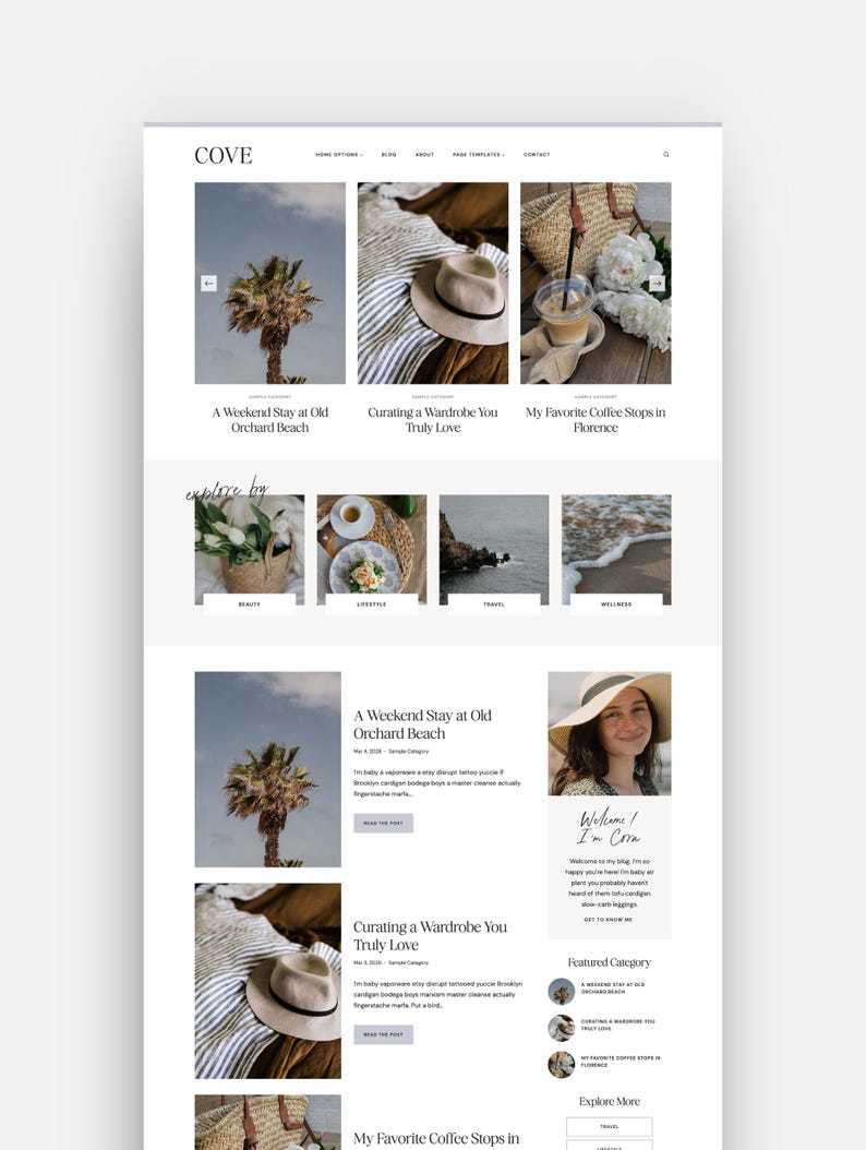 May include: A website design with a clean, minimalist aesthetic. The top section features three images with text overlays: "A Weekend Stay at Old Orchard Beach," "Curating a Wardrobe You Truly Love," and "My Favorite Coffee Stops in Florence."