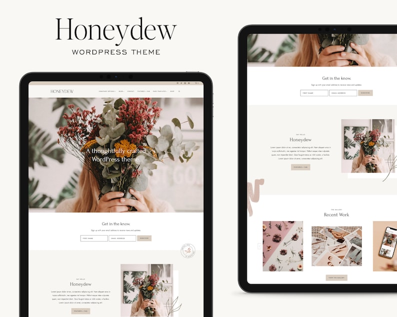 Mockup of the Honeydew WordPress theme designed on the Kadence theme that is perfect for bloggers, photographers, and creatives, showcasing a beautiful gallery and portfolio to display their work and creativity