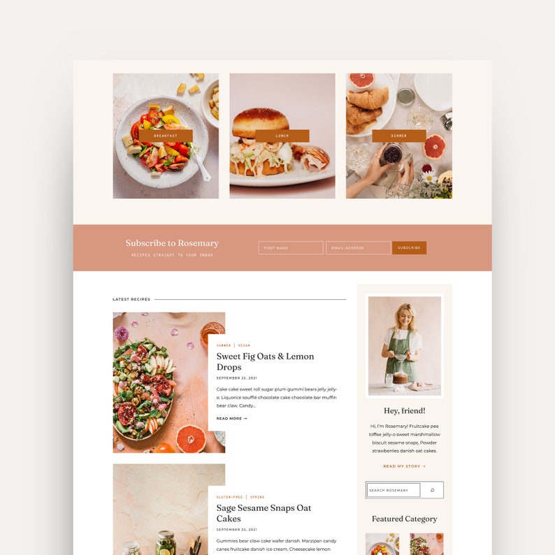 Mockup of the Rosemary WordPress Theme for Food and Recipe Bloggers Built on Kadence