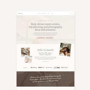 Può includere: Una home page di un sito web intitolata Hideaway che presenta contenuti di viaggio, pianificazione di viaggi e fotografia. La pagina include un'intestazione con navigazione, una sezione principale con testo, un'introduzione personale di Hannah e i loghi di Tripadvisor, Refinery29, Elite Daily e Brit+Co.
