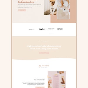 May include: A website homepage for a business that helps creatives build a business they love. The website features a peach background with a photo of a woman wearing a hat and sitting at a table. The text "I help creatives build a business they love." is displayed in a large font. The website also features a section called "My Services" with a photo of a pink wall with various pieces of paper and tape.