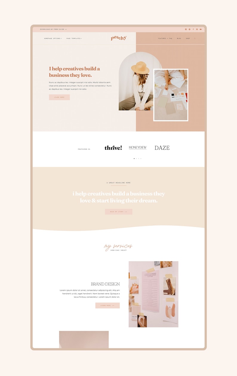May include: A website homepage for a business that helps creatives build a business they love. The website features a peach background with a photo of a woman wearing a hat and sitting at a table. The text "I help creatives build a business they love." is displayed in a large font. The website also features a section called "My Services" with a photo of a pink wall with various pieces of paper and tape.