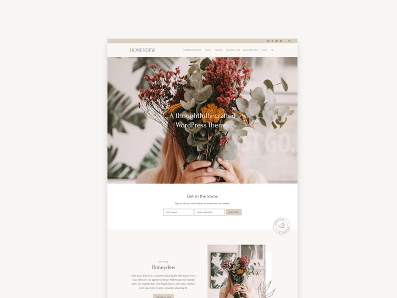 Mockup of the Honeydew WordPress theme designed on the Kadence theme that is perfect for bloggers, photographers, and creatives, showcasing a beautiful gallery and portfolio to display their work and creativity