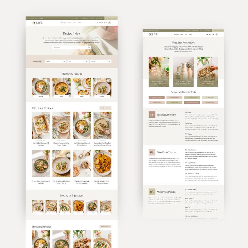 Olive WordPress theme for food bloggers mockup, showcasing the Recipe Index and Food Blogger Resources pages.