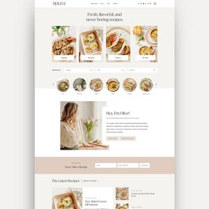 Olive WordPress theme for food bloggers mockup, showcasing homepage option 2 featuring popular categories, blog posts, and an About area.