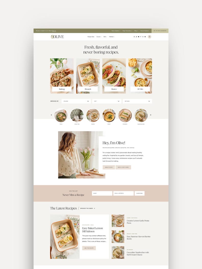 Olive WordPress theme for food bloggers mockup, showcasing homepage option 2 featuring popular categories, blog posts, and an About area.