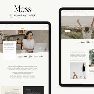 Mockup of the 'Moss' WordPress theme designed on the Kadence theme, showcasing a clean and modern design for creative entrepreneurs, designers, small businesses, personal brands, and podcasts