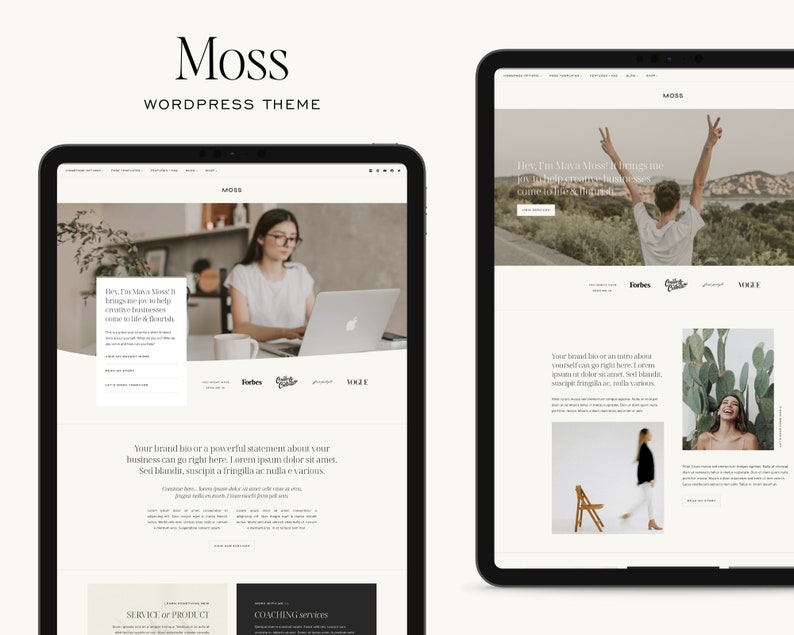 Mockup of the 'Moss' WordPress theme designed on the Kadence theme, showcasing a clean and modern design for creative entrepreneurs, designers, small businesses, personal brands, and podcasts