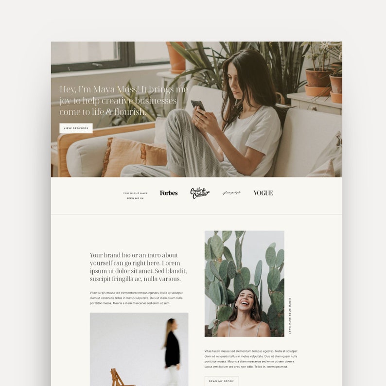 Mockup of the 'Moss' WordPress theme designed on the Kadence theme, showcasing a clean and modern design for creative entrepreneurs, designers, small businesses, personal brands, and podcasts